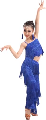 DgtZyrih Mädchen Quaste Latin Tanz Kleid Kinder Standard Tanz Rock Hosenträger Wettbewerb Tanzbekleidung für Ballsaal Samba Tango Cha-Cha Bühne Performance Kostüm,Blau,140 von DgtZyrih