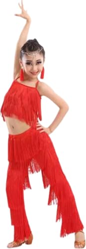 DgtZyrih Mädchen Quaste Latin Tanz Kleid Kinder Standard Tanz Rock Hosenträger Wettbewerb Tanzbekleidung für Ballsaal Samba Tango Cha-Cha Bühne Performance Kostüm,Rot,130 von DgtZyrih