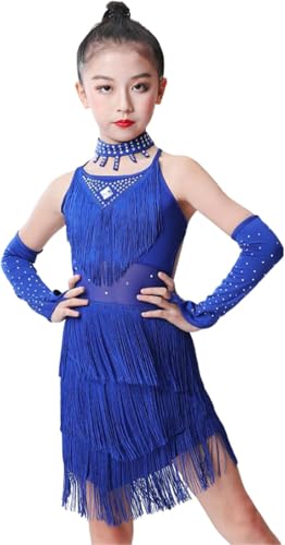 DgtZyrih Mädchen Quaste Latin Tanz Kleid Rückenfrei Tanz Performance Kostüm Strass Ballsaal Salsa Tango Röcke Kinder Bühne Performance Kostüm tragen Tanzkleidung,Blau,130 von DgtZyrih