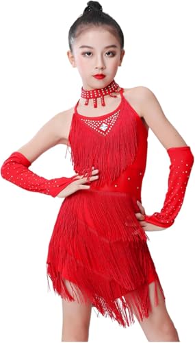 DgtZyrih Mädchen Quaste Latin Tanz Kleid Rückenfrei Tanz Performance Kostüm Strass Ballsaal Salsa Tango Röcke Kinder Bühne Performance Kostüm tragen Tanzkleidung,Rot,140 von DgtZyrih