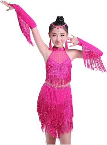 DgtZyrih Mädchen Quaste Latin Tanz Kleid Split Dance Performance Kostüm Kinder Samba Tango Tanzbekleidung Crop Top Performance Übung Outfit mit Trikot und Rock,Rosa,120 von DgtZyrih