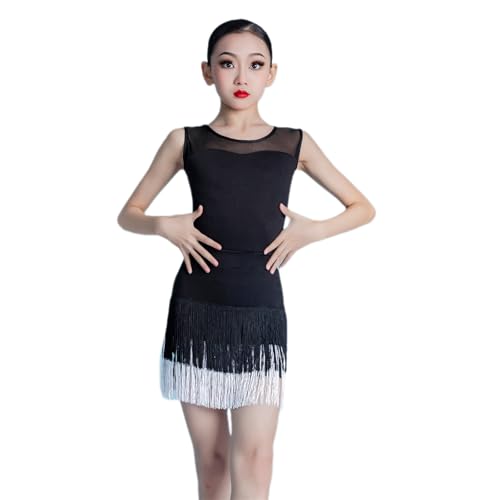 DgtZyrih Mädchen Quaste Latin Tanz Kleid ärmellos Professionelle Tanzbekleidung für Samba Tango Cha Cha Ballroom Tanzrock Bühne Performance Kostüm Übung Outfit,Weiß,150 von DgtZyrih