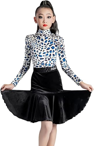 DgtZyrih Mädchen Rollkragenpullover Lateintanzkleid Herbst/Winter Ballsaal Bühne Performance Kostüm Performance Wettbewerb Tanzkleidung für Tango Cha Cha Salsa Tanzrock,Leopard,160 von DgtZyrih