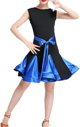 DgtZyrih Mädchen Rüschen Latin Tanzkleid, Kinder rückenfreie Tanzbekleidung Ballsaal Salsa Tango Röcke Bühnenauftritt Kostüm für Rumba Samba Cha Cha Übungskleidung,Blau,150 von DgtZyrih