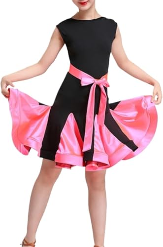 DgtZyrih Mädchen Rüschen Latin Tanzkleid, Kinder rückenfreie Tanzbekleidung Ballsaal Salsa Tango Röcke Bühnenauftritt Kostüm für Rumba Samba Cha Cha Übungskleidung,Rosa,130 von DgtZyrih