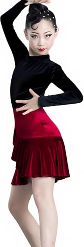 DgtZyrih Mädchen Samt Latin Tanzkleid, Langarm Tanz Übung Rock Plissee Ballsaal Salsa Tango Röcke Split Wettbewerb Party Tanzbekleidung Bühne Performance Kostüm,Rot,140 von DgtZyrih