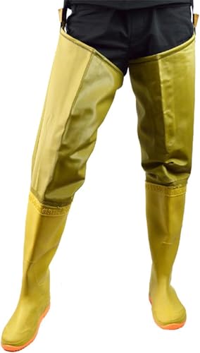 DgtZyrih PVC 100% wasserdichte Angel-Wathosenhose Overalls Regenstiefel mit Dicker Sohle Atmungsaktive Jagd-Regenhose mit Stiefeln 80 cm hohe Schlauch-Watschuhe für Männer Frauen,Beige,37 von DgtZyrih