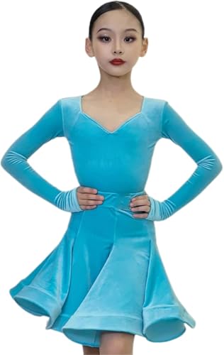 DgtZyrih Samt Latin Tanzkleid für Mädchen, geteiltes 2-teiliges Set Wettbewerb Ballroom Tango Salsa Tanzkleidung mit Trikot, Tanzübungsrock, Performance-Kostüm,Blau,140 von DgtZyrih