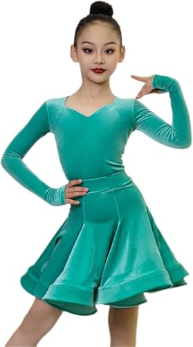 DgtZyrih Samt Latin Tanzkleid für Mädchen, geteiltes 2-teiliges Set Wettbewerb Ballroom Tango Salsa Tanzkleidung mit Trikot, Tanzübungsrock, Performance-Kostüm,Green1,150 von DgtZyrih