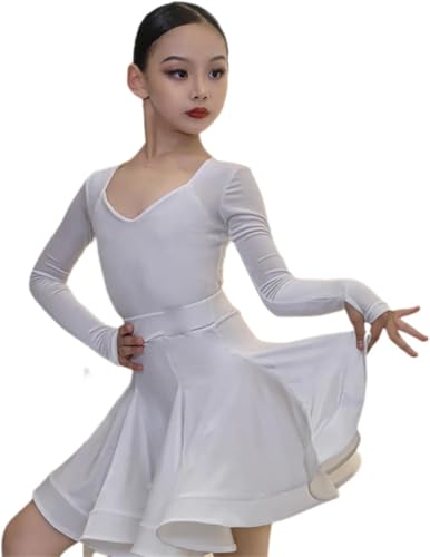 DgtZyrih Samt Latin Tanzkleid für Mädchen, geteiltes 2-teiliges Set Wettbewerb Ballroom Tango Salsa Tanzkleidung mit Trikot, Tanzübungsrock, Performance-Kostüm,Weiß,170 von DgtZyrih