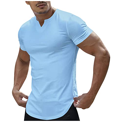 Dhyuen T-Shirt Herren Stehkragen Hemd Blusen Sommershirt Casual Freizeit Tee Tops Hemd Shirts Sommerhemd Männer Lässig Freizeit Oberteiler Freizeithemden Shirt Blusen Hemden（M,5-Sky Blue） von Dhyuen