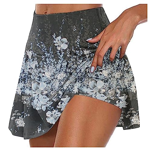 Rock Damen Rock Mit Hose Drunter Kurze Laufröcke Mädchen Casual Outdoor A-Line Rock Faltenrock Skaterrock Hosenrock Drucken Sommerrock Tennisrock Kurze Rock Minirock（M,2-Gray） von DHYUEN