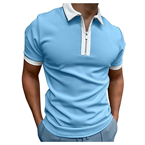 Sommer T-Shirts Herren Vintage Kurzarmshirt Casual Frühling Poloshirt Mit Reißverschluss Sommer Herren T-Shirts Sommer Regular Fit Streetwear Tops Polohemd Business Revers T-Shirt（XXL，Sky Blue-5） von Dhyuen