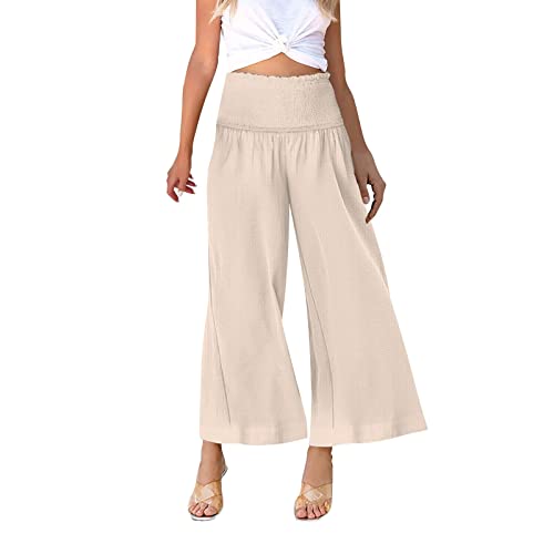 3/4 Culotte Baumwolle leinen Hose Damen Leichte Weites Bein Hohe Taille Sommerhose leichte 7/8 Palazzo Sommer Hose Mit Elastischer Bund,Beige,S 3/4 Culotte Baumwolle leinen Hose Damen Leichte Weites Bein Hohe Taille Sommerhose leichte 7/8 Palazzo Sommer Hose Mit Elastischer Bund,Beige,S von Didadihu