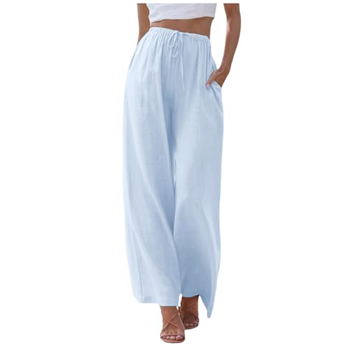 7 8 Hosen Damen Sommer, Damen Hose Sommer,Sommer Weites Bein Leinenhose Weite Elastische Hohe Taille Einfarbig Stoffhose Sommerhose Lang Musselin Yogahose Haremshose Strandhose,Hellblau,XXL von Didadihu