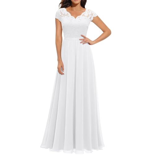 Abendkleid Lang Damen Elegant für Hochzeit v Ausschnitt Kurzarm A Linie Chiffon Festlich Maxi Kleid Ballkleider Mit Spitzen Ärmeln Brautjungfernkleider Cocktailkleid Spitzenkleid,Weiß,L Abendkleid Lang Damen Elegant für Hochzeit v Ausschnitt Kurzarm A Linie Chiffon Festlich Maxi Kleid Ballkleider Mit Spitzen Ärmeln Brautjungfernkleider Cocktailkleid Spitzenkleid,Weiß,L von Didadihu