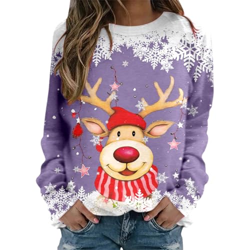 Amazon Outlet,Weihnachtspullover Damen Weihnachts Pullover Teenager Mädchen Partnerlook Rundhals Lustig Weihnachtspulli Winterpullover Weihnachtsshirt,Lila,L von Didadihu