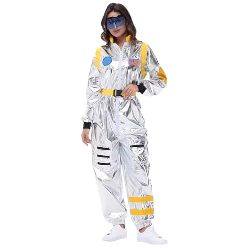 Astronaut Kostüm Damen Herren Silber Astronauten Raumfahrer Anzug Overall für Space Weltall Kostüm, Erwachsene Faschingskostüme Karneval Fasching Kostüm,Gelb,L von Didadihu