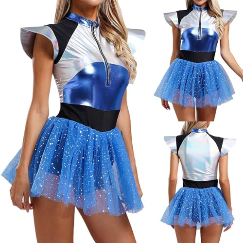 Ausgefallene Sexy Karneval Kostüm Damen XXL Metallic Glitzer Ballettkleid Tanzkleid Mit Blauer Tüllrock, Fasching Space Girl Kostüm Frauen, Astronaut Weltall Alien Kostüm Damen von Didadihu