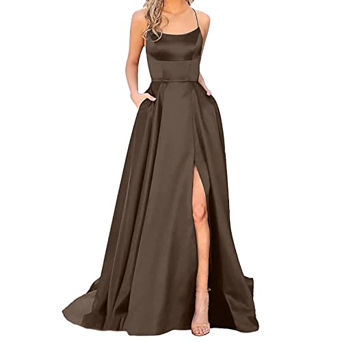 Ballkleider Off Shoulder Kleider Damen Lang Elegant Hochzeit A-Linie Criss-Cross Satin Spaghetti Party Prom Maxi Dress Abendkleider Schlitz Brautkleid Festkleider Damen,Braun,L von Didadihu