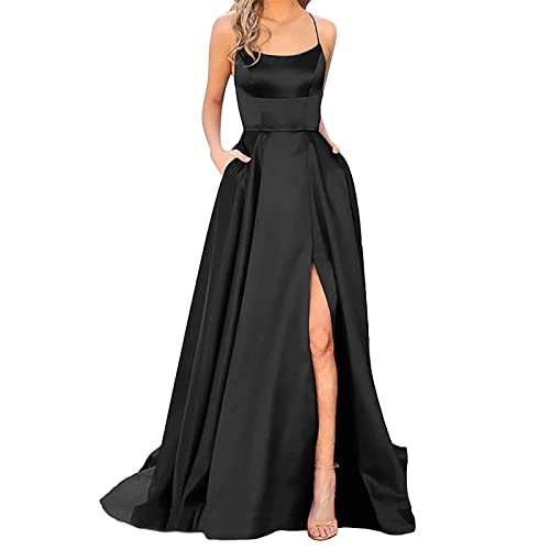 Ballkleider Off Shoulder Kleider Damen Lang Elegant Hochzeit A-Linie Criss-Cross Satin Spaghetti Party Prom Maxi Dress Abendkleider Schlitz Brautkleid Festkleider Damen,Schwarz,3XL von Didadihu