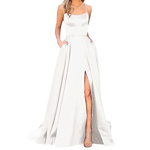 Ballkleider Off Shoulder Kleider Damen Lang Elegant Hochzeit A-Linie Criss-Cross Satin Spaghetti Party Prom Maxi Dress Abendkleider Schlitz Brautkleid Festkleider Damen,Weiss,3XL von Didadihu