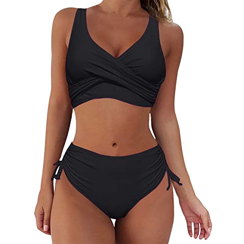 Bikini Damen, Zweiteiler Bikini-Sets, Sexy Push Up Bikinis Badeanzug für Damen Bauchweg, Bademode Wickeloptik Crossover V Ausschnitt Oberteil Blumenmuster Low Rise Triangel Hose Swimsuit,Schwarz,XL von Didadihu