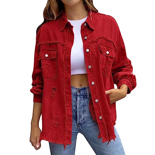 Blouson Damen Frühjahrsjacke Jeansjacke Übergangsjacke Oversize Hemdjacke Sommerjacke Für Damen Jeans Jacken Lang Jeanshemd,02 Rot,M von Didadihu