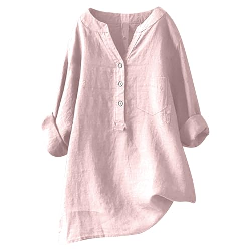 Bluse Damen elegant,Oversize Baumwolle Musselin Bluse Lose Freizeit Oberteile Tuniken Locker Lässiges Lang Leinenbluse Blusenshirt Shirt,Rosa,4XL von Didadihu