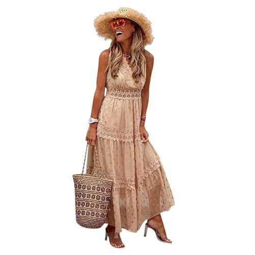 Boho Kleid Damen Sommer Elegant Spitze Quasten Feder-Blumenkleid Lange Kleid Sommerkleid mit Rüschen Saum Strandkleid Kurzarm V-Ausschnitt ärmellos A Linie Fließend Maxikleid Freizeitkleid,Beige,3XL Boho Kleid Damen Sommer Elegant Spitze Quasten Feder-Blumenkleid Lange Kleid Sommerkleid mit Rüschen Saum Strandkleid Kurzarm V-Ausschnitt ärmellos A Linie Fließend Maxikleid Freizeitkleid,Beige,3XL von Didadihu