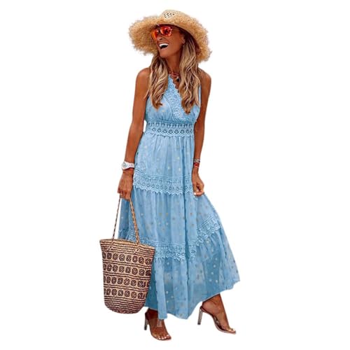 Boho Kleid Damen Sommer Elegant Spitze Quasten Feder-Blumenkleid Lange Kleid Sommerkleid mit Rüschen Saum Strandkleid Kurzarm V-Ausschnitt ärmellos A Linie Fließend Maxikleid Freizeitkleid,Blau,XXL Boho Kleid Damen Sommer Elegant Spitze Quasten Feder-Blumenkleid Lange Kleid Sommerkleid mit Rüschen Saum Strandkleid Kurzarm V-Ausschnitt ärmellos A Linie Fließend Maxikleid Freizeitkleid,Blau,XXL von Didadihu