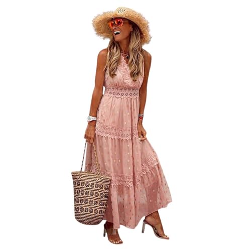 Boho Kleid Damen Sommer Elegant Spitze Quasten Feder-Blumenkleid Lange Kleid Sommerkleid mit Rüschen Saum Strandkleid Kurzarm V-Ausschnitt ärmellos A Linie Fließend Maxikleid Freizeitkleid,Rosa,L von Didadihu