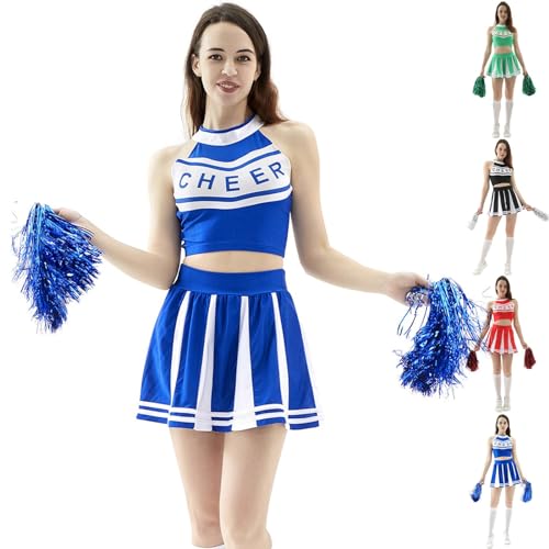 Cheerleader Kostüm Damen Cheerleader Kostüm Sexy Cheerleading Uniform mit Pompons Cheerleader Kostüm gruppenkostüme Erwachsene für Halloween Karneval Verkleidung,04 Blau,L von Didadihu