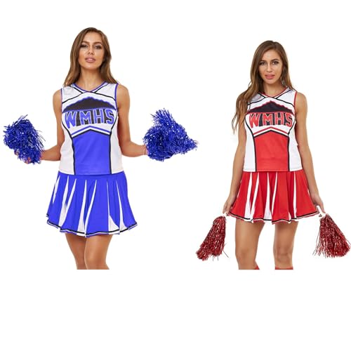 Cheerleader Kostüm Damen mit Cheerleader Pompoms – Cheerleaderkostüm Damen – Erwachsene Cheerleader Outfit Kostüm gruppenkostüme – für Damen Karneval Halloween Kostüm,03 Blau,S von Didadihu