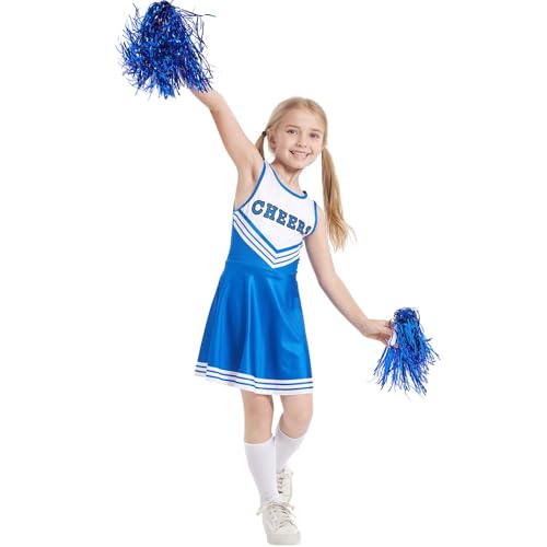 Cheerleader Kostüm Kinder mit Pompons,Socken – Karneval Halloween Kostüm Teenager Mädchen – Kinderkostüm Faschingskostüme Kinder für Karneval,Party,Blau,130 von Didadihu