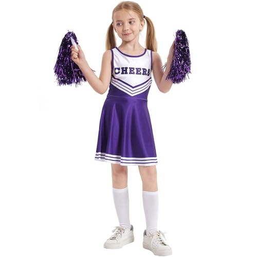 Cheerleader Kostüm Kinder mit Pompons,Socken – Karneval Halloween Kostüm Teenager Mädchen – Kinderkostüm Faschingskostüme Kinder für Karneval,Party,Lila,110 von Didadihu