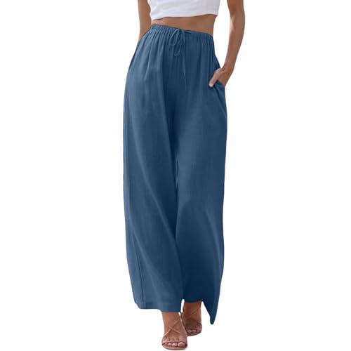 Chinohosen Damen Sommer, Sommer Hosen Damen Locker,Plissee Luftig Stoffhose Einfarbig Lang Locker Leinenhose Sommerhose Leinen Sommer Hosenrock Strandhose Haremshose,Blau,XL von Didadihu