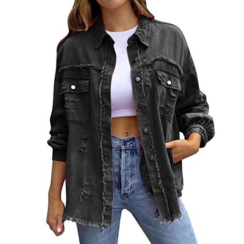 Damen Jeansjacke Jeansjacken Für Damen Übergangsjacke Damen Vintage Jean Mantel Übergangs Ripped Denim Jacken Damen,01 Schwarz,XXL von Didadihu