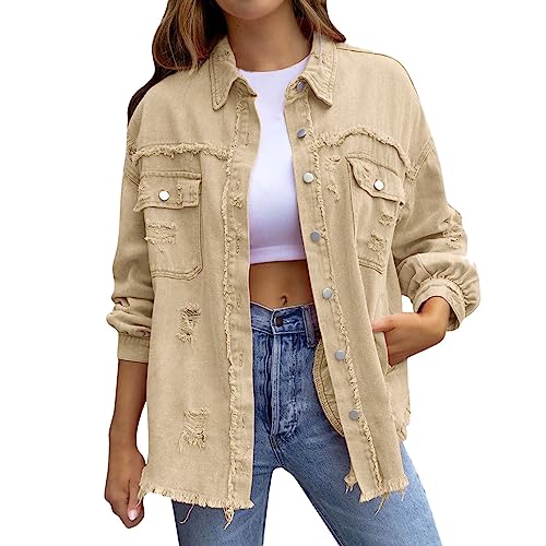 Damen Jeansjacke Jeansjacken Für Damen Übergangsjacke Damen Vintage Jean Mantel Übergangs Ripped Denim Jacken Damen,02 Khaki,M von Didadihu