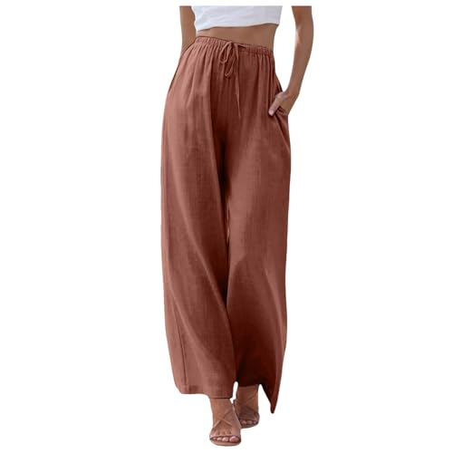 Damen Leinenhose Sommer, Italienische Mode Damen,Sommer Weites Bein Sommerhose Musselin Bequeme Leinen Stoffhose Leinenhose Leicht Locker Haremshose Yogahose Strandhose,Rot,M von Didadihu