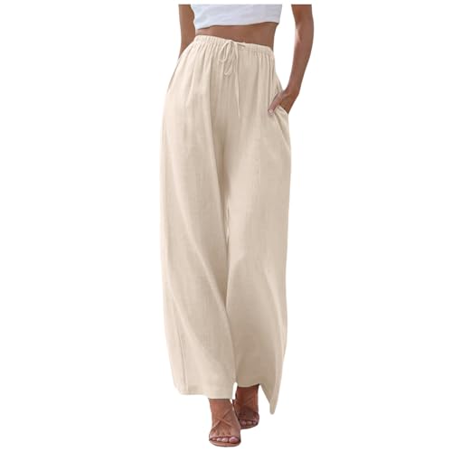 Damen Leinenhose Sommer, Sommerhosen Damen Leicht Und Luftig,Elastische Hohe Taille Sommer Stoffhose Plissee Palazzo Locker Sommerhose Leinenhose Leicht Lang Haremshose Hosenrock Yogahose,Khaki,S von Didadihu