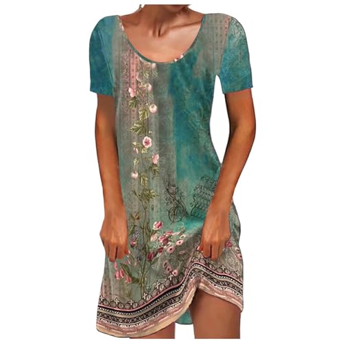 Damen Sommerkleid Rundhals Kurzarm Boho Tunika Kleid Blumen Neckholder Knielang Kleider Leicht Luftig Elegant Freizeitkleid Sommer Outfits,Dunkelgrün,S von Didadihu