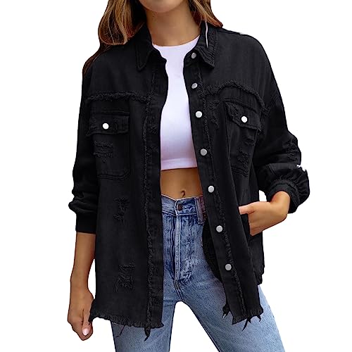 Blouson Damen Frühjahrsjacke Jeansjacke Übergangsjacke Oversize Hemdjacke Sommerjacke Für Damen Jeans Jacken Lang Jeanshemd,02 Schwarz,L von Didadihu