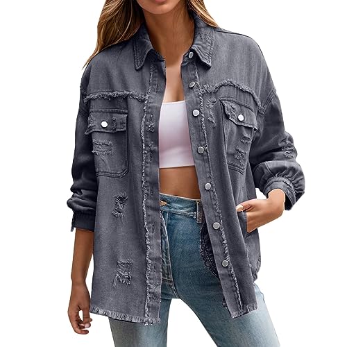 Didadihu Damen Jeansjacke Locker Denim Jacke Langarm Oversize Übergangsjacke Mit Fledermausärmel Lose Mädchen Mantel Beiläufige Outwear Damen,03 Grau,XXL von Didadihu