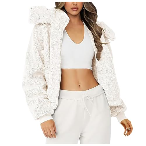 Didadihu Fleecejacke Damen Casual Mit Taschen Fleecejacke Damen Weiß Leichte Sherpa Kuscheljacke Damen Freizeit Flauschig Fleecejacke Damen Warm Fleecejacke Damen Mit Kapuze,Weiß,L, von Didadihu