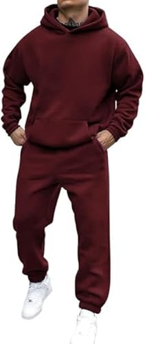 Didadihu Jogginganzug Herren Trainingsanzug Hausanzug Mit Oversized Essentials Pullover Y2K Stussy Hoodie Und Baggy Baumwolle Jogginghose Lang Trainingshose Jogger,Wine,3XL von Didadihu