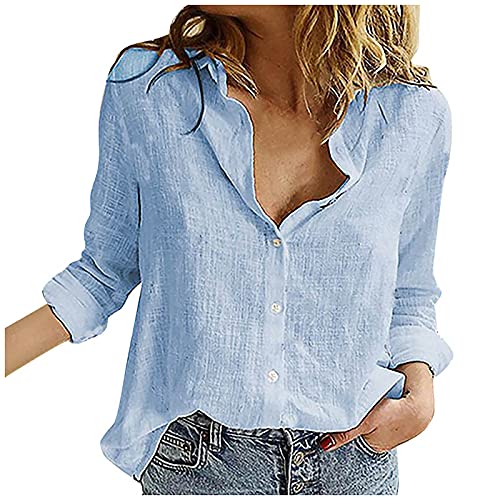 Didadihu Musselin Bluse Damen Elegant Langarm Button Down Leinenbluse Casual V-Ausschnitt Roll Up Ärmel Blusen Hemdbluse Longbluse,00 Blau,4XL von Didadihu