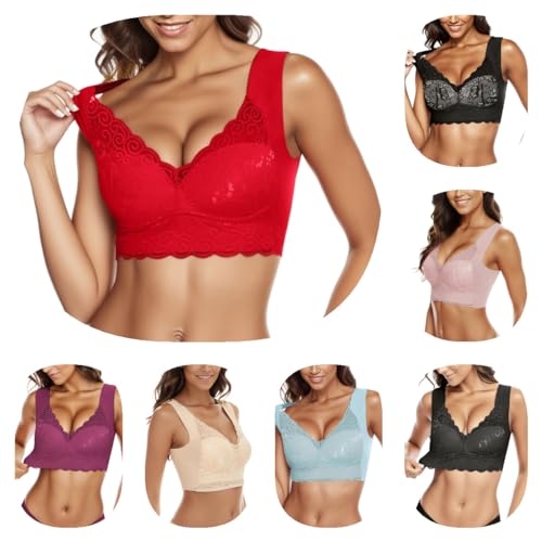 Didadihu Super Bequemer Corset BH Damen Mit Breitem Unterbrustband Minimizer BH Ohne Bügel Bustier Damen Große Brüste Push Up BH Bügelloser BH Seamless Soft,03 Rot,XL von Didadihu