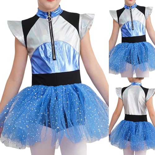 Fastnacht Cheerleader Feen Kostüm Kinder Mädchen, Karneval Weltall Alien Kostüm, Astronaut Space Girl Kostüm,Mädchen Metallic Ballettkleid Tanzkleid Mit Tüllrock von Didadihu