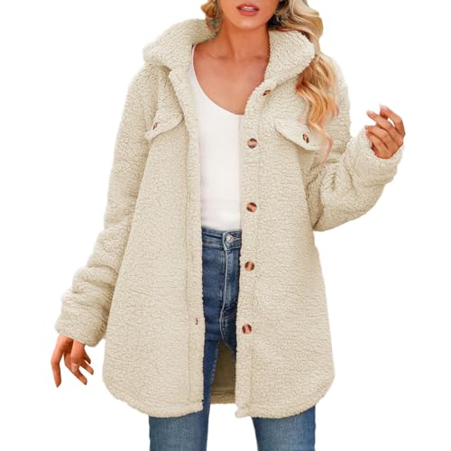 Fleecejacke Damen Casual Mit Taschen Outdoor Fleecejacke Warm Gefüttert Fleece Freizeit Fleecejacke Damen Schwarz Flauschig Teddy Fleecejacke Damen Mit Kapuze Jacke Mit Teddyfutter Damen,Beige,XL, von Didadihu